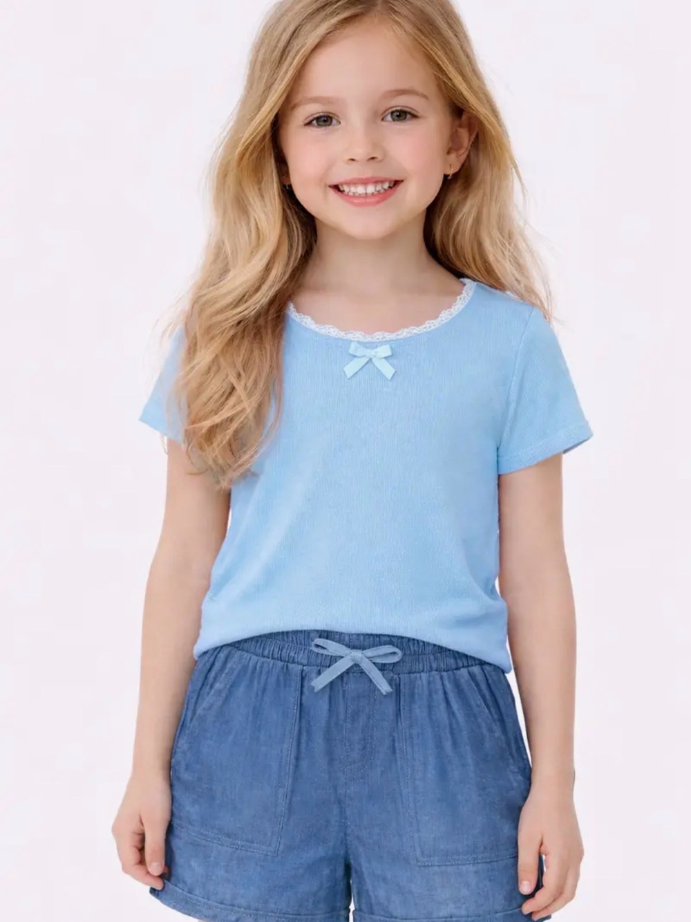 Cutie Patootie Light Blue 2Pc Ribbed Knit/ Chambray Short Set